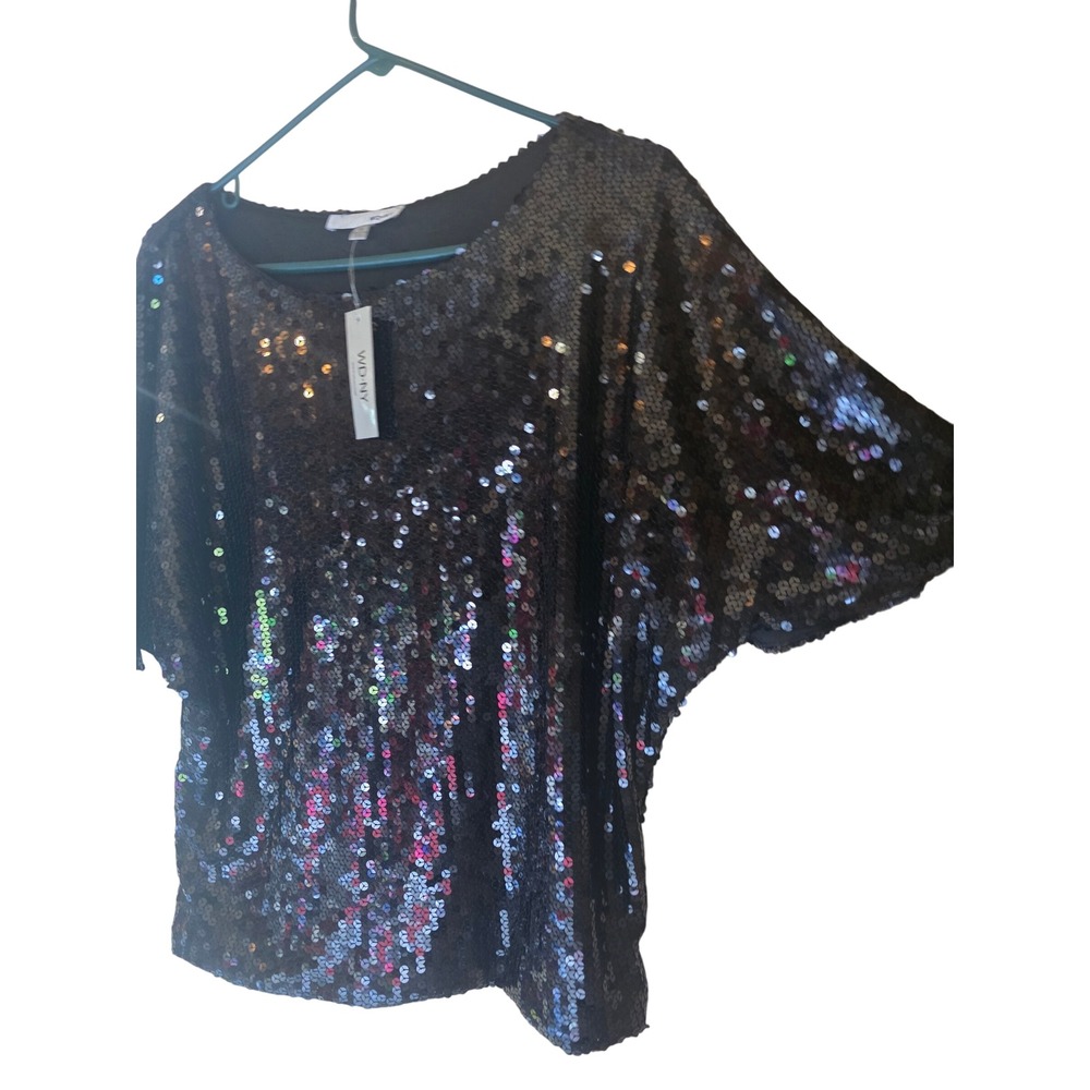 WD-NY Women‎ Black Iridescent Sequin Dolman Sleeve Top Party Blouse Size M NEW - Picture 2 of 5